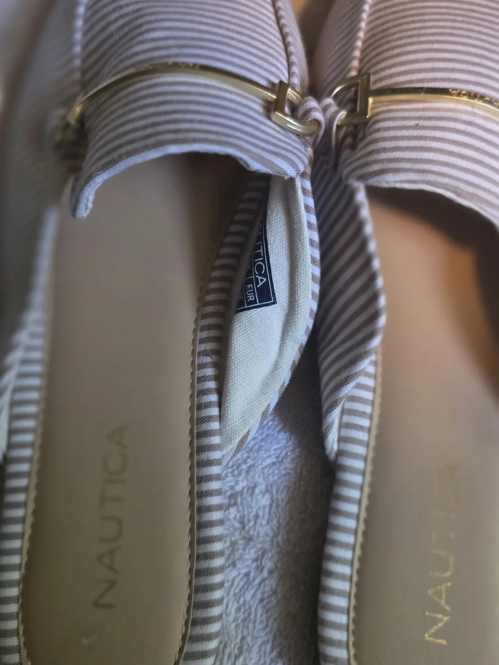 New With Out Box Nautica Beige & White Striped Slip-On Mules with Gold Bit